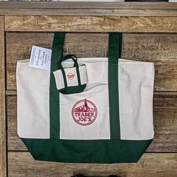 Set of 2 BRAND NEW NWT Large & Micro Trader Joe's Forrest Green Canvas Tote Bags - Picture 3 of 7